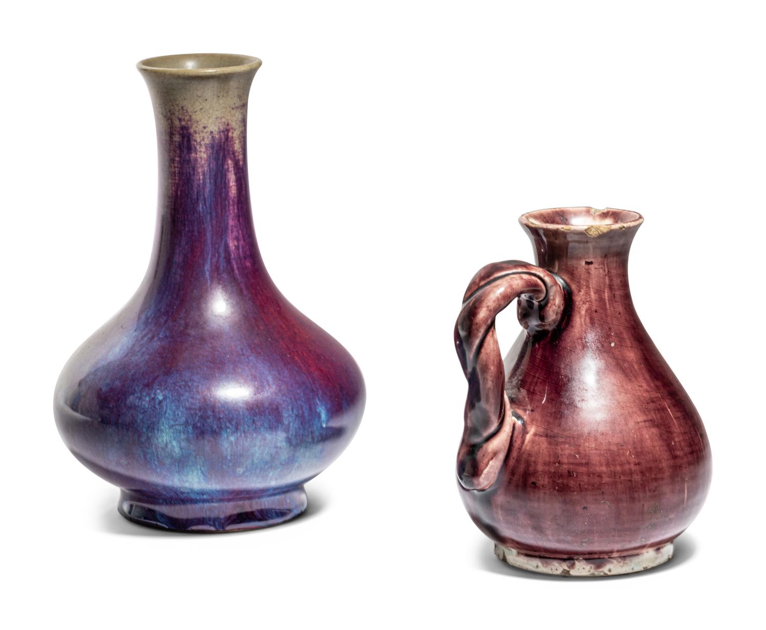 A Flambé Porcelain Bottle Vase and An Aubergine Glazed Porcelain Handled Ewer