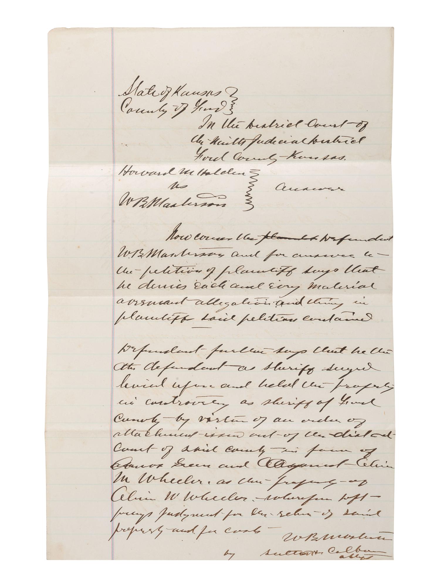 [WESTERN AMERICANA]. Legal document naming W.B. "Bat" Masterson as Defendant. Ford County, KS, 1879.