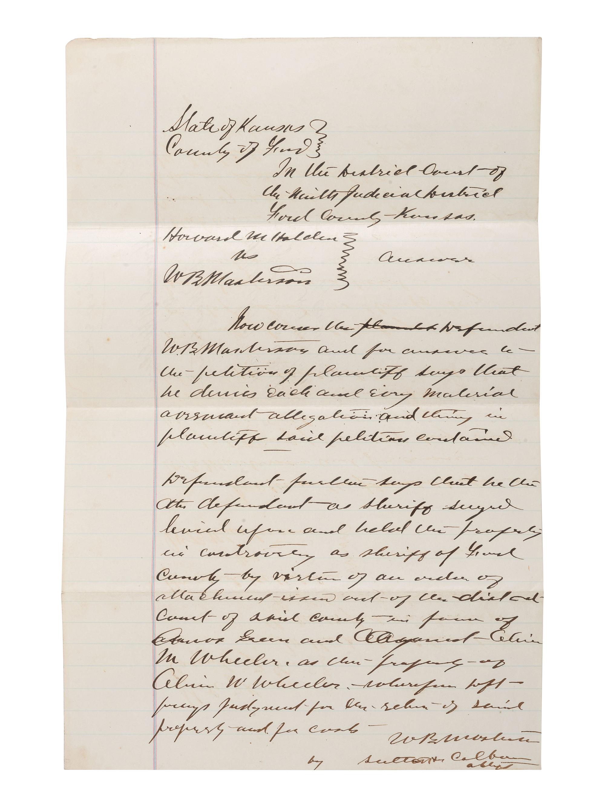 [WESTERN AMERICANA]. Legal document naming W.B. "Bat" Masterson as Defendant. Ford County, KS, 1879.