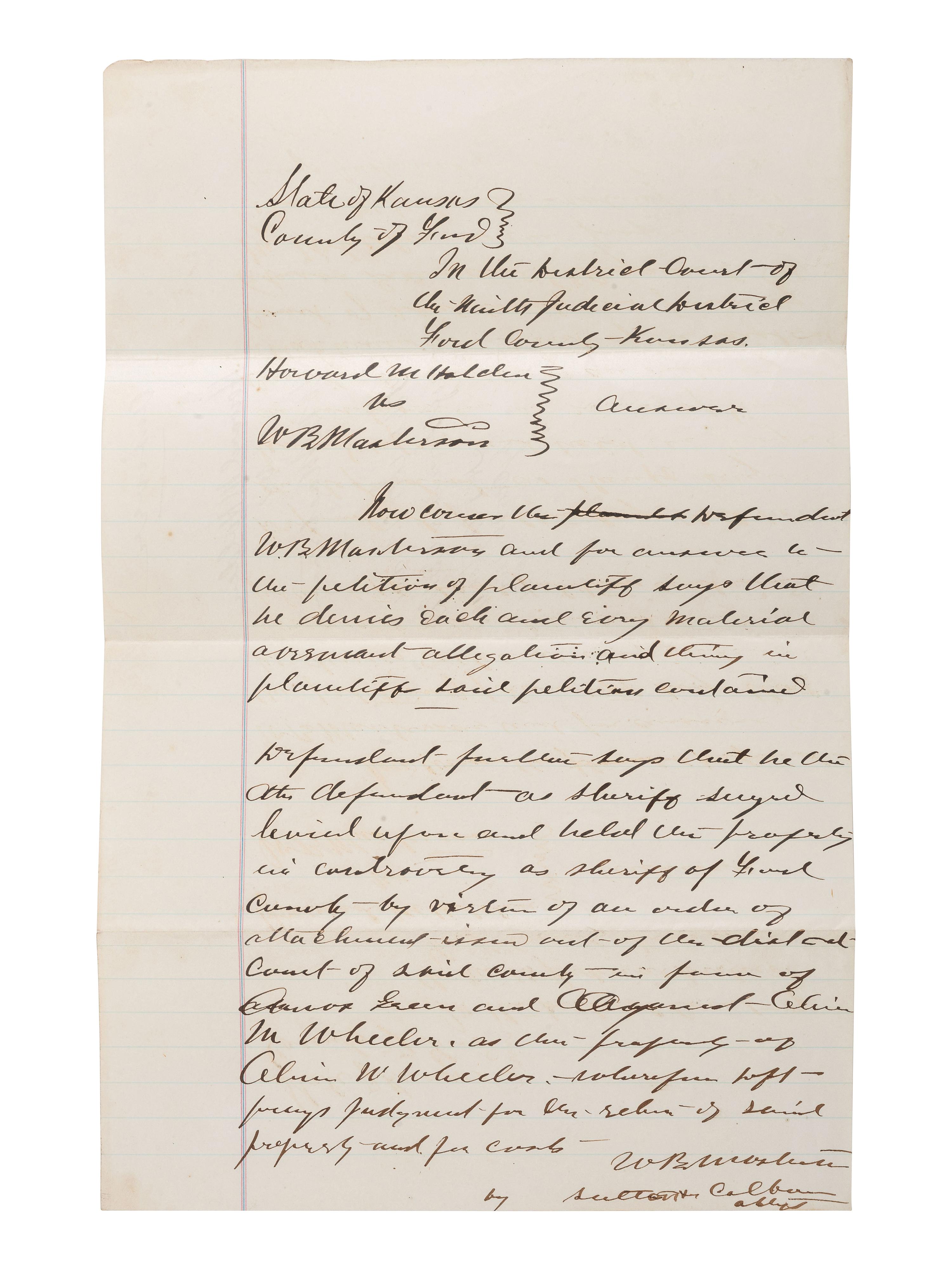 [WESTERN AMERICANA]. Legal document naming W.B. "Bat" Masterson as Defendant. Ford County, KS, 1879.