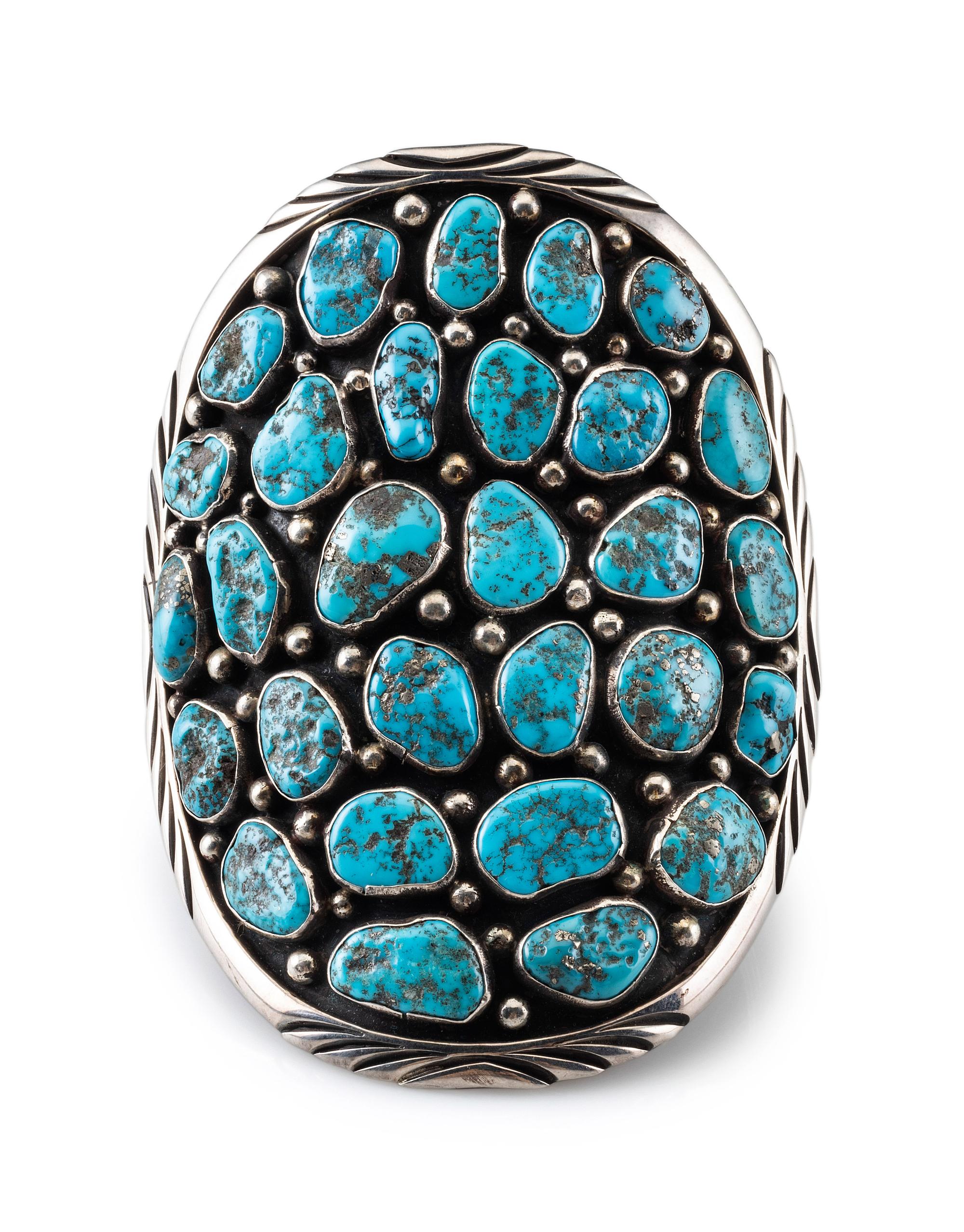 Large Navajo Sterling Silver and Turquoise Cluster Cuff Bracelet