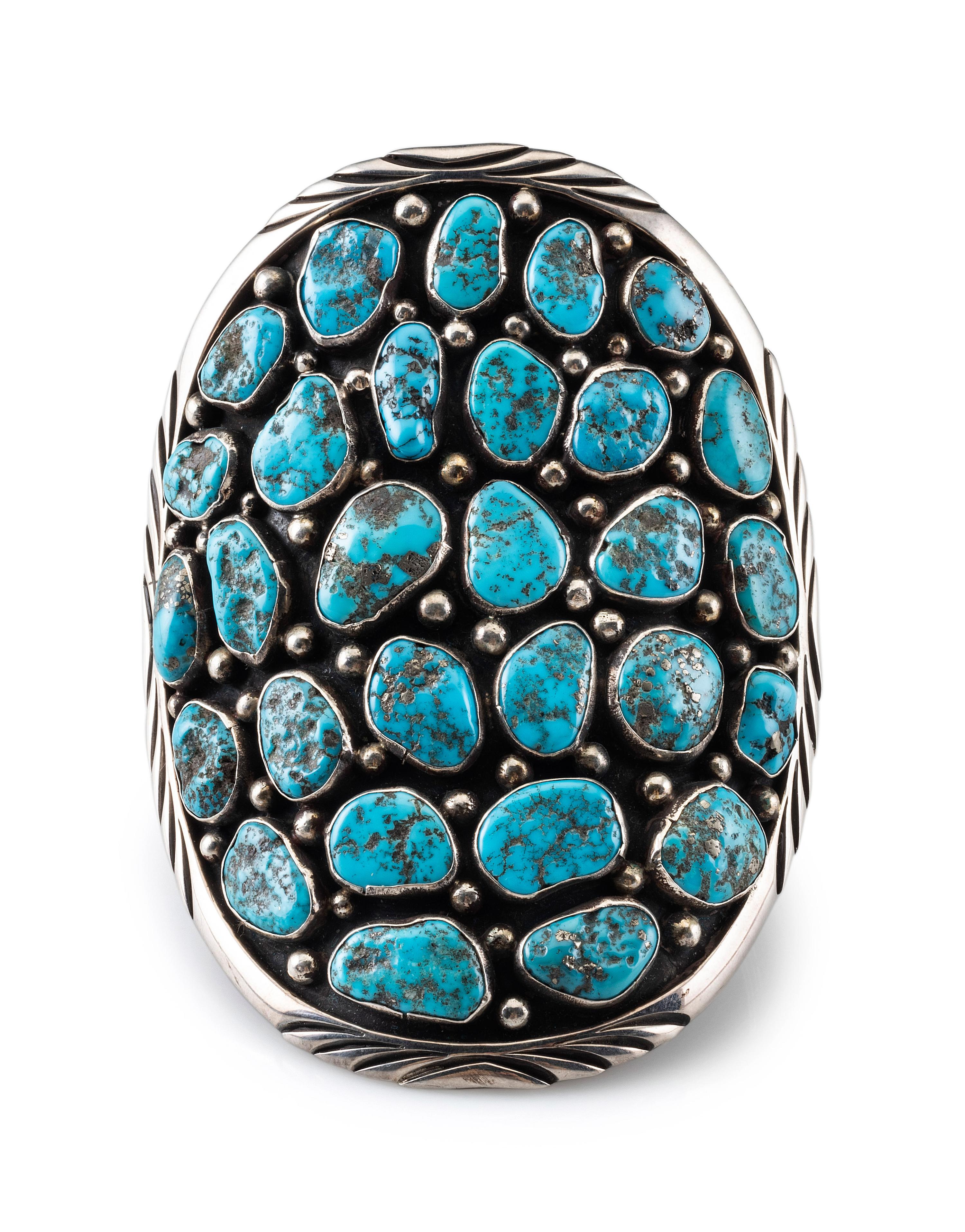 Large Navajo Sterling Silver and Turquoise Cluster Cuff Bracelet