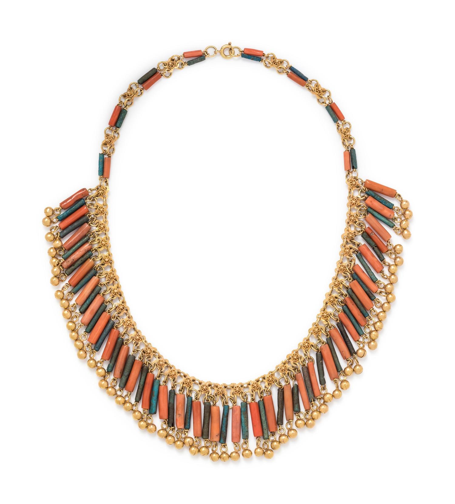 An Egyptian Revival Yellow Gold, Coral and Glass Fringe Necklace,