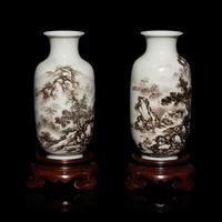 A Pair of Small Chinese Grisaille Decorated 'Landscape' Porcelain Vases, Early-Mid 20th Century — 近代 墨彩山水圖燈籠瓶一對 帶木座