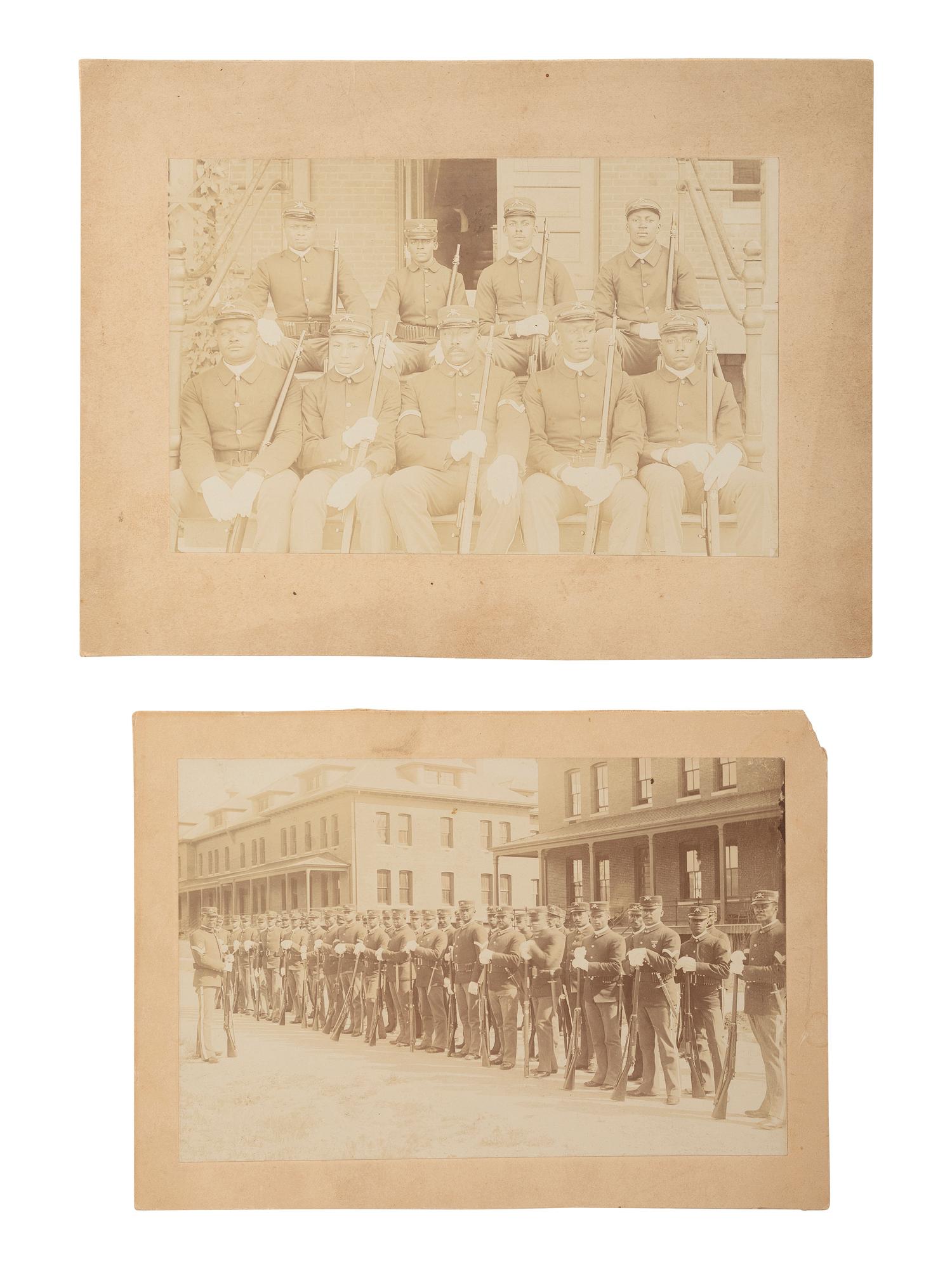 [BUFFALO SOLDIERS]. 2 photographs of "Buffalo Soldiers," Company D, 24th US Infantry, one credited to African American photographers J.P. BALL & SON, Helena, Montana. Ca 1902-1904.
