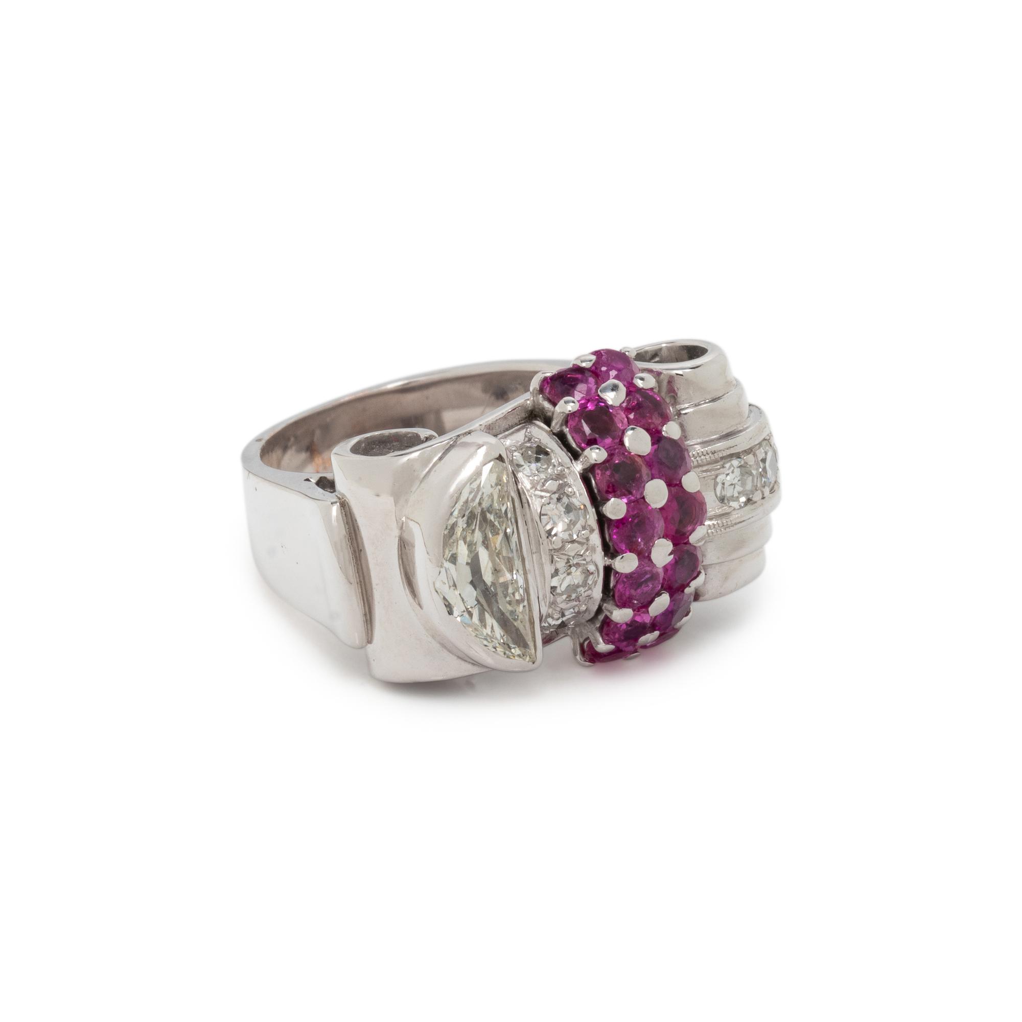 RETRO, WHITE GOLD, DIAMOND AND RUBY RING