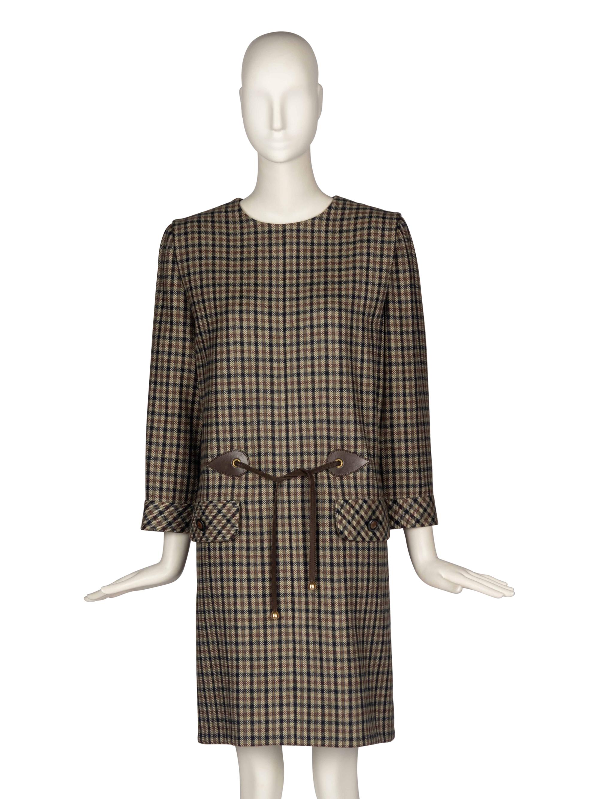Pierre Cardin Haute Couture Plaid Dress With Leather Details