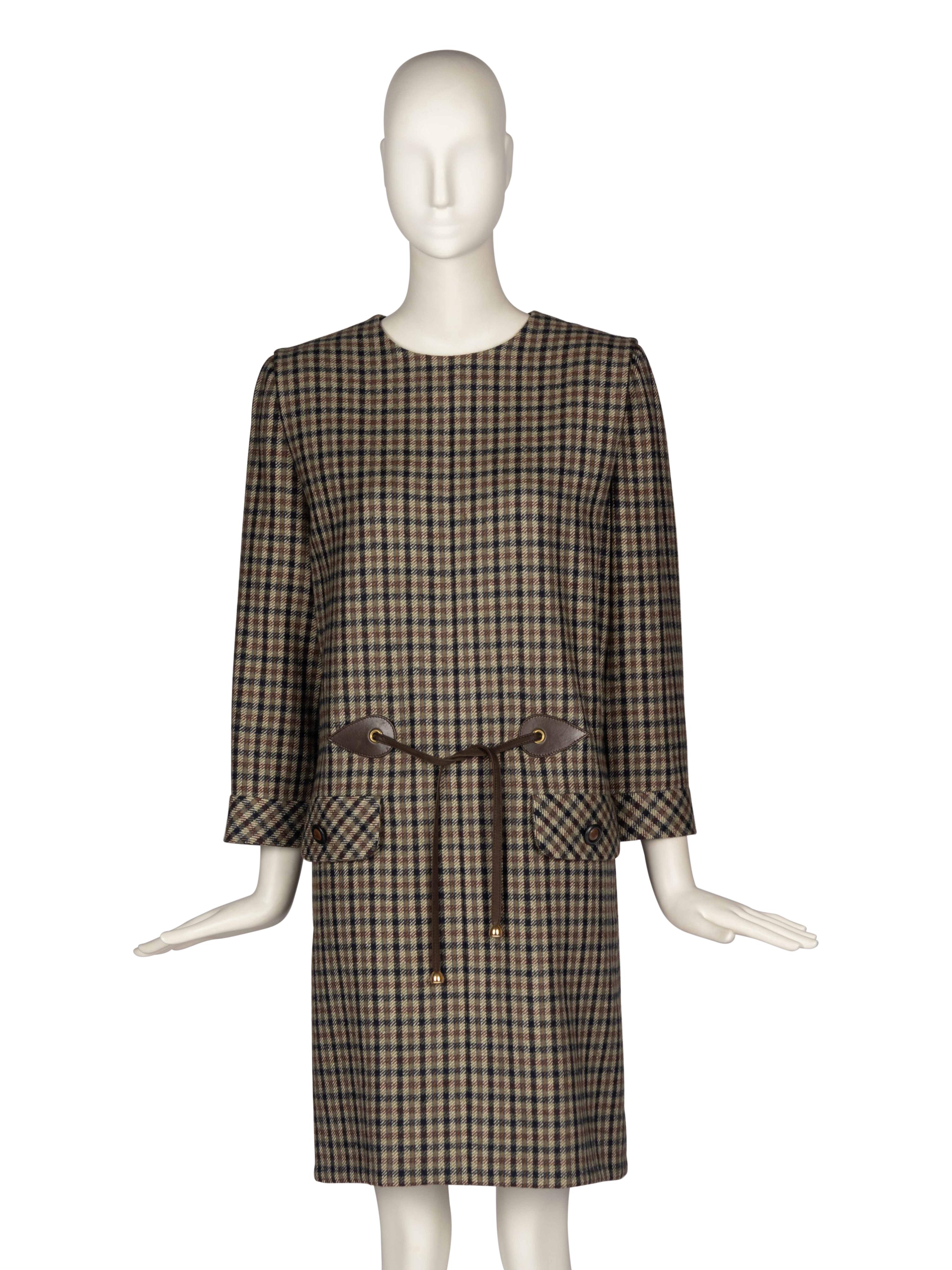 Pierre Cardin Haute Couture Plaid Dress With Leather Details