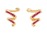 A Pair of 14 Karat Yellow Gold and Ruby Earrings,