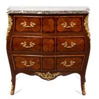 A Louis XV Style Gilt Bronze Mounted Bombe Marble Top Commode Height 36 x width 34 x depth 19 inches. — 19TH CENTURY