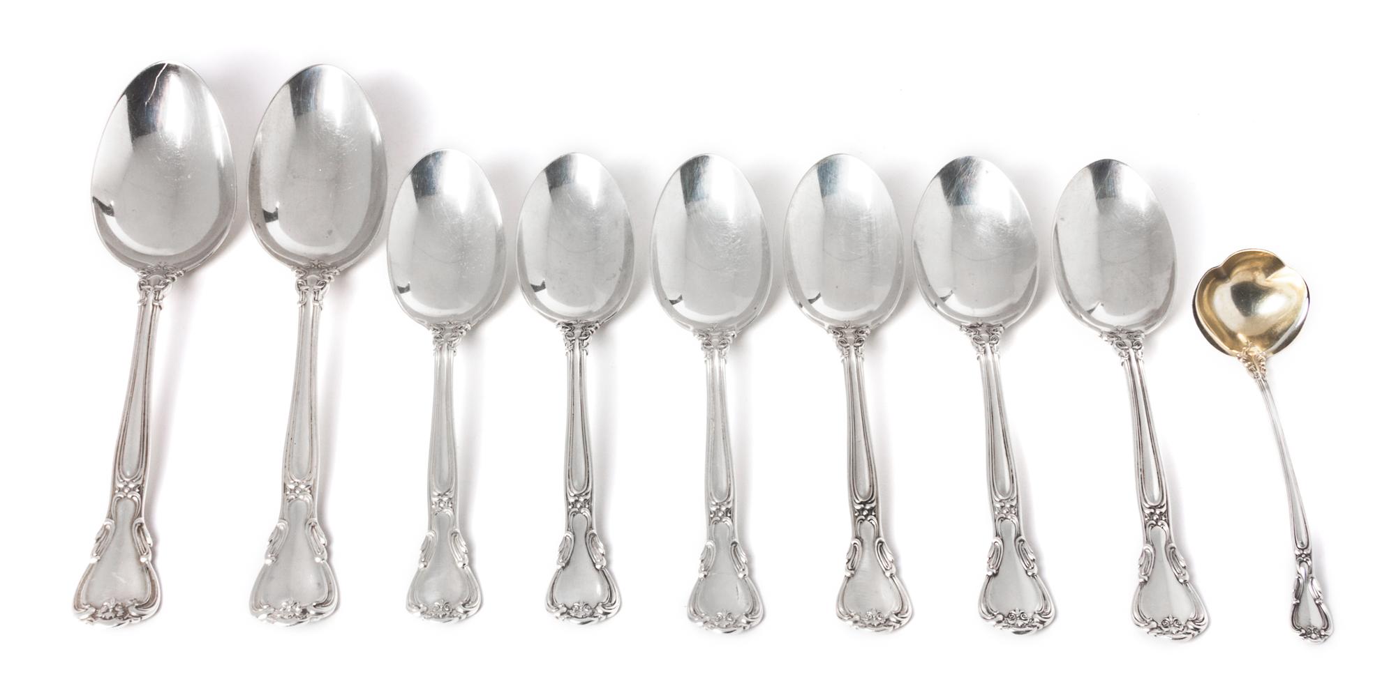 Eight American Silver Spoons, Gorham Mfg. Co., Providence, RI, Chantilly pattern, comprising 2 serving spoons and 6 tablespoons, togeth