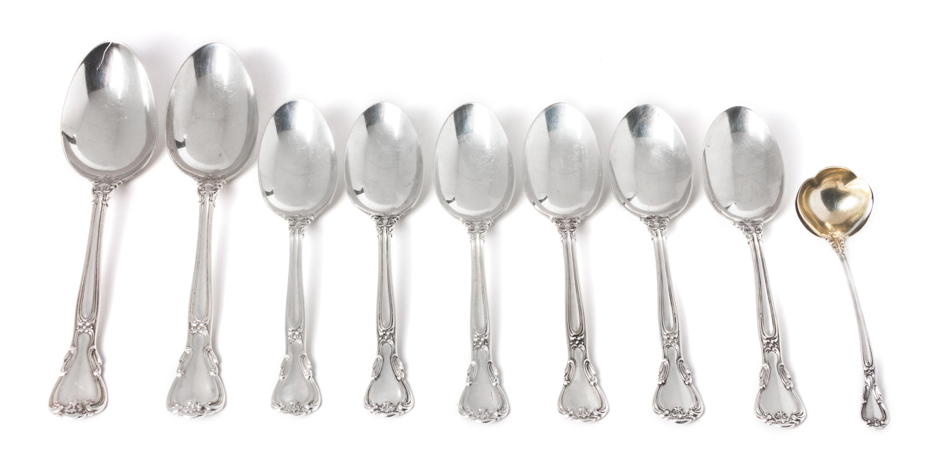 Eight American Silver Spoons, Gorham Mfg. Co., Providence, RI, Chantilly pattern, comprising 2 serving spoons and 6 tablespoons, togeth