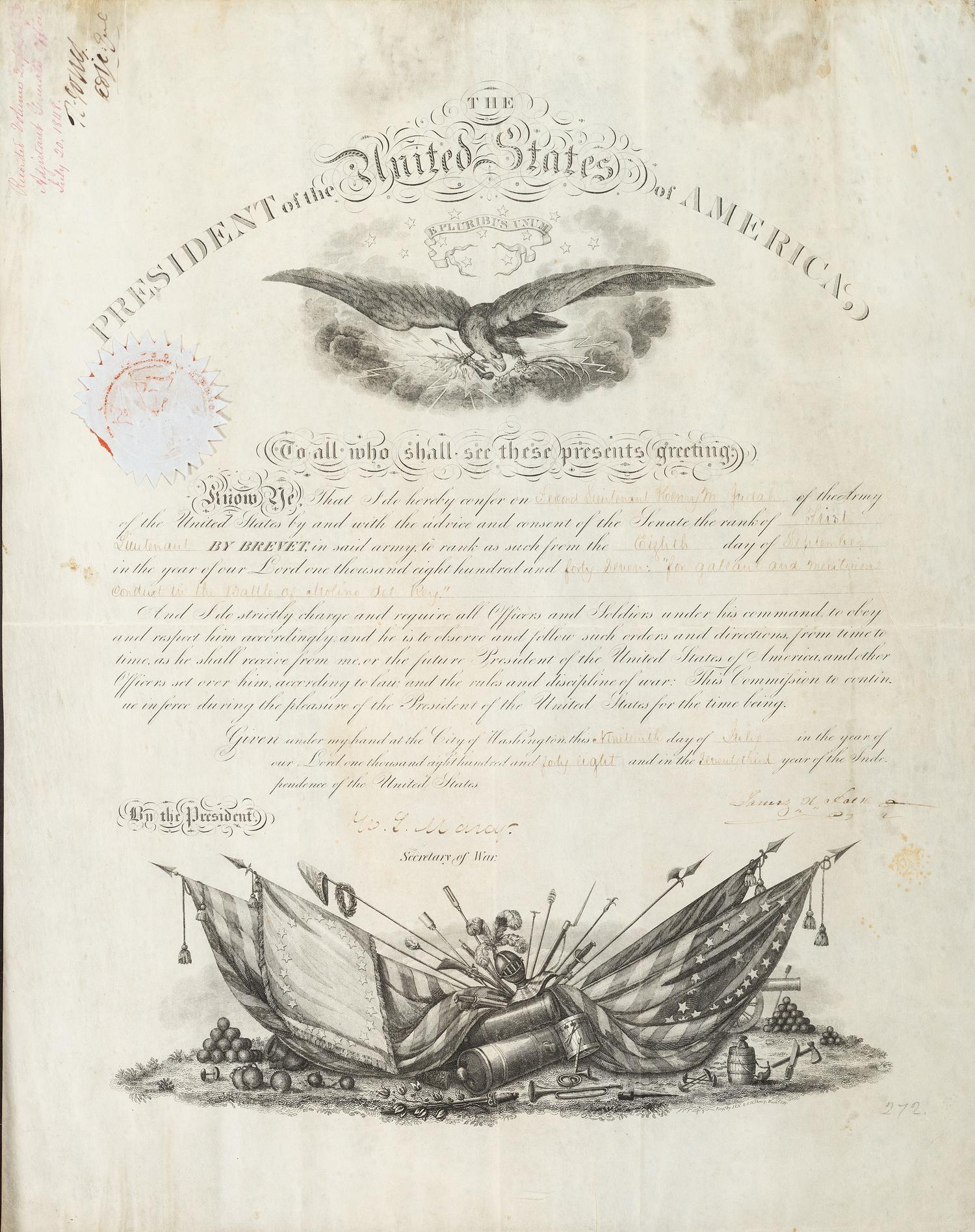 [MEXICAN-AMERICAN WAR]. POLK, James K. (1795-1849). Document signed ("James K. Polk"), as President of the United States. Washington, D.C., 19 July 1848.
