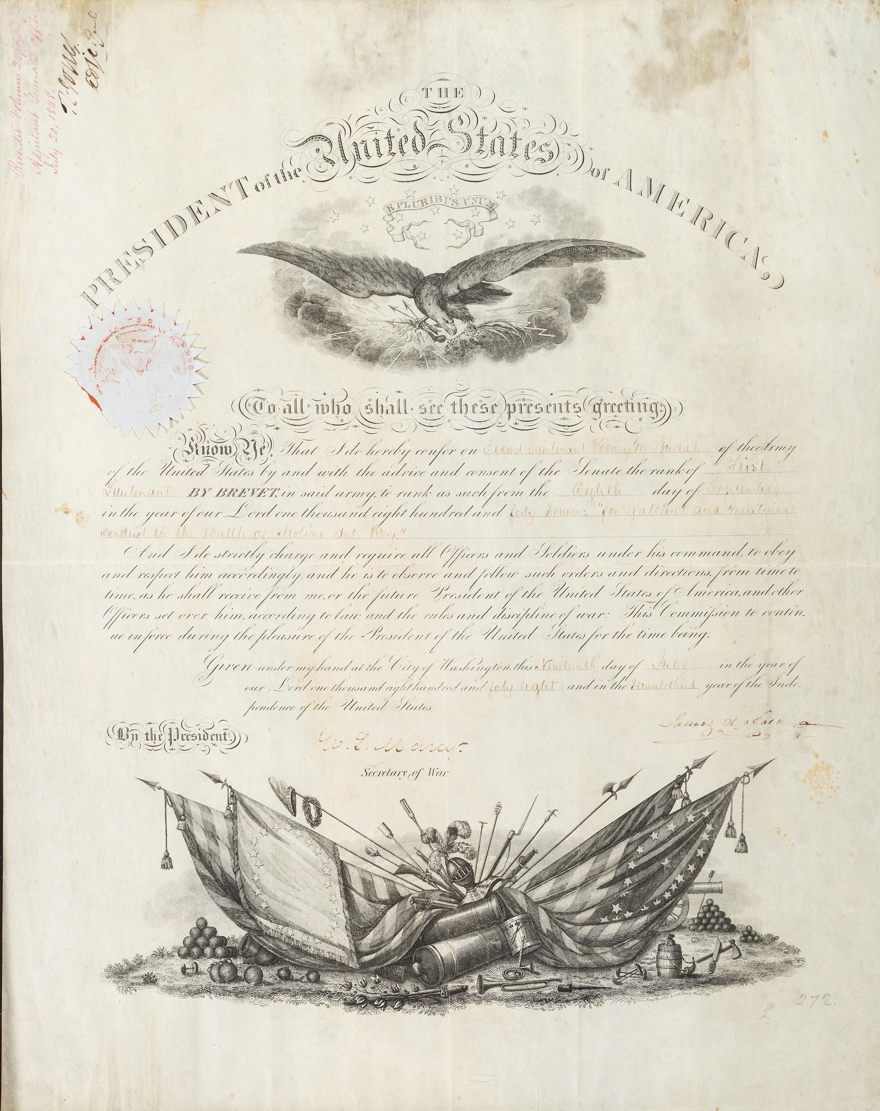 [MEXICAN-AMERICAN WAR]. POLK, James K. (1795-1849). Document signed ("James K. Polk"), as President of the United States. Washington, D.C., 19 July 1848.