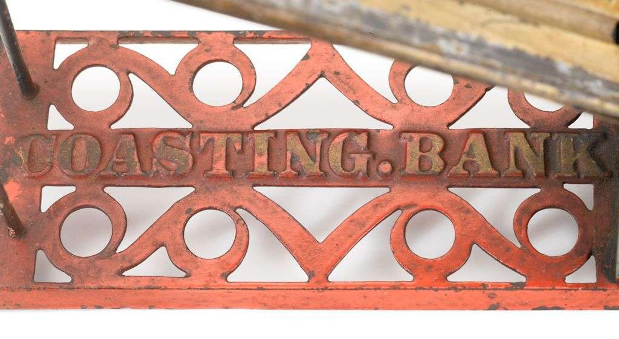 An extremely rare painted cast iron and lead mechanical "Coasting Bank" design attributed to charles a. bailey (1848-1926) for j. & e. stevens co., cromwell