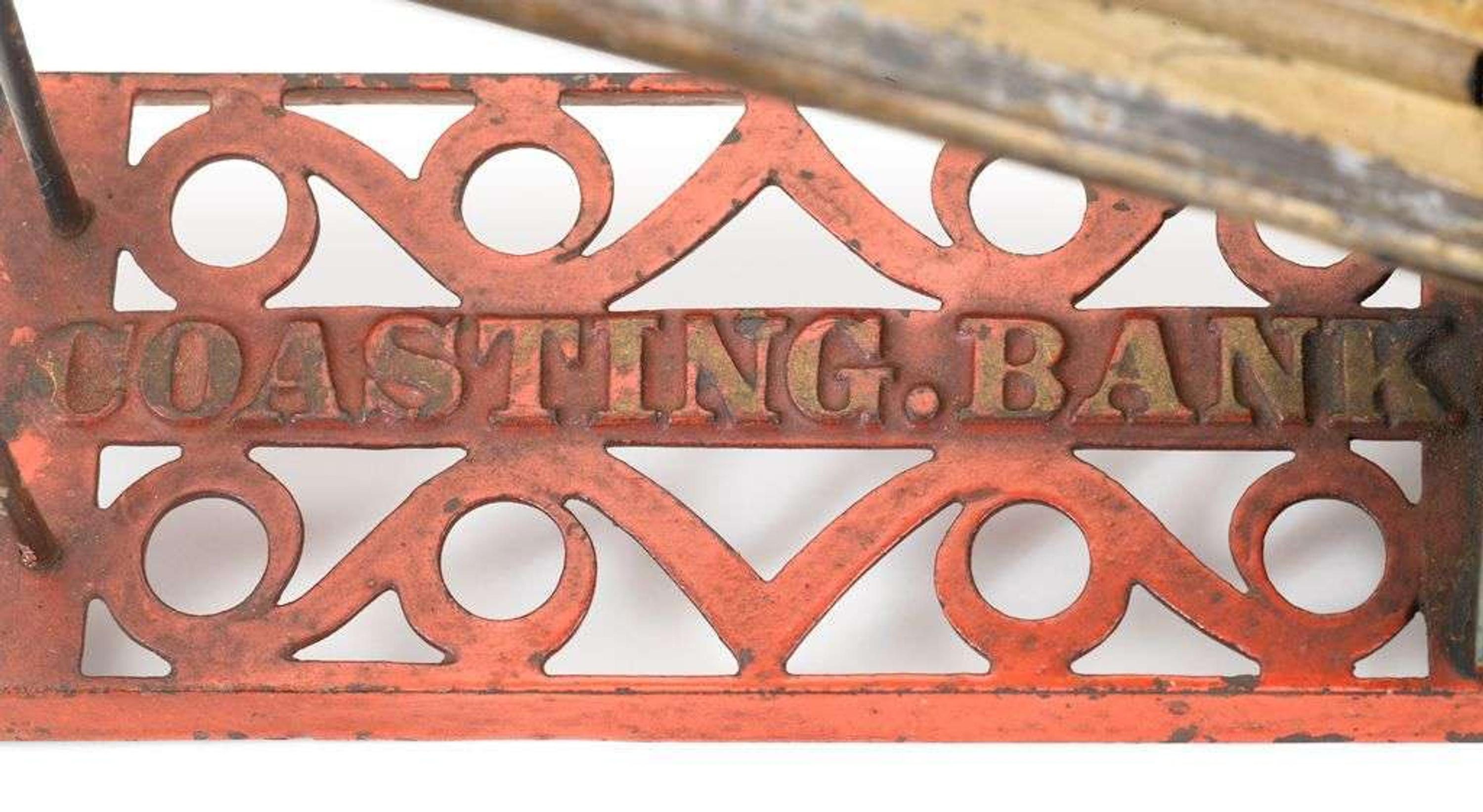 An extremely rare painted cast iron and lead mechanical "Coasting Bank" design attributed to charles a. bailey (1848-1926) for j. & e. stevens co., cromwell