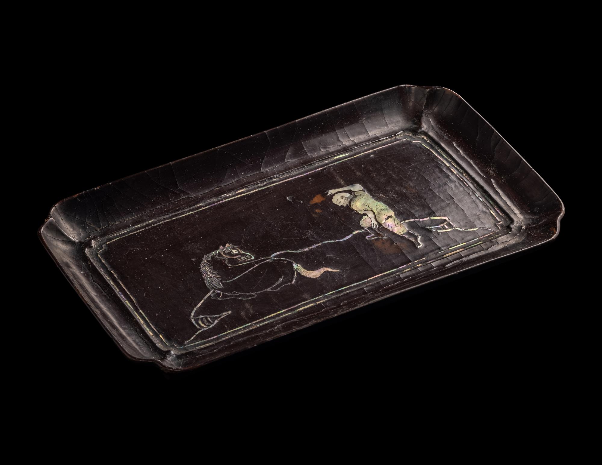 A Japanese Mother-of-Pearl Inlaid Black Lacquer Rectangular Tray