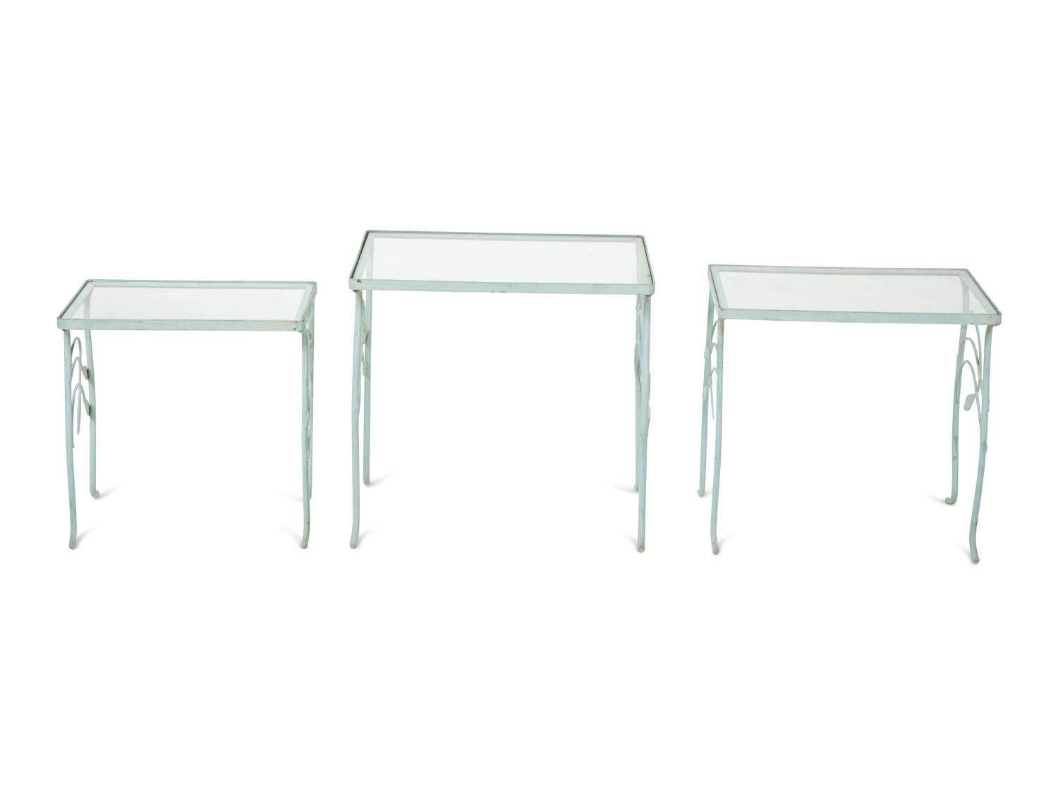 A Nest of Three Salterini Laurel Wrought Iron and Glass Top Tables