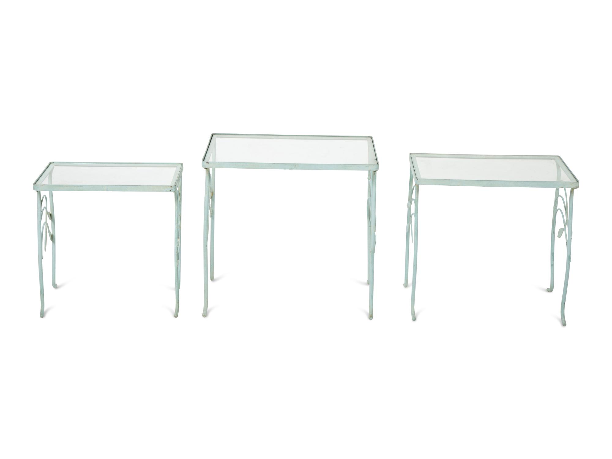 A Nest of Three Salterini Laurel Wrought Iron and Glass Top Tables