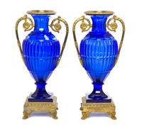 A Pair of French Cobalt Glass and Gilt Bronze Mounted Vases, Height 12 inches.