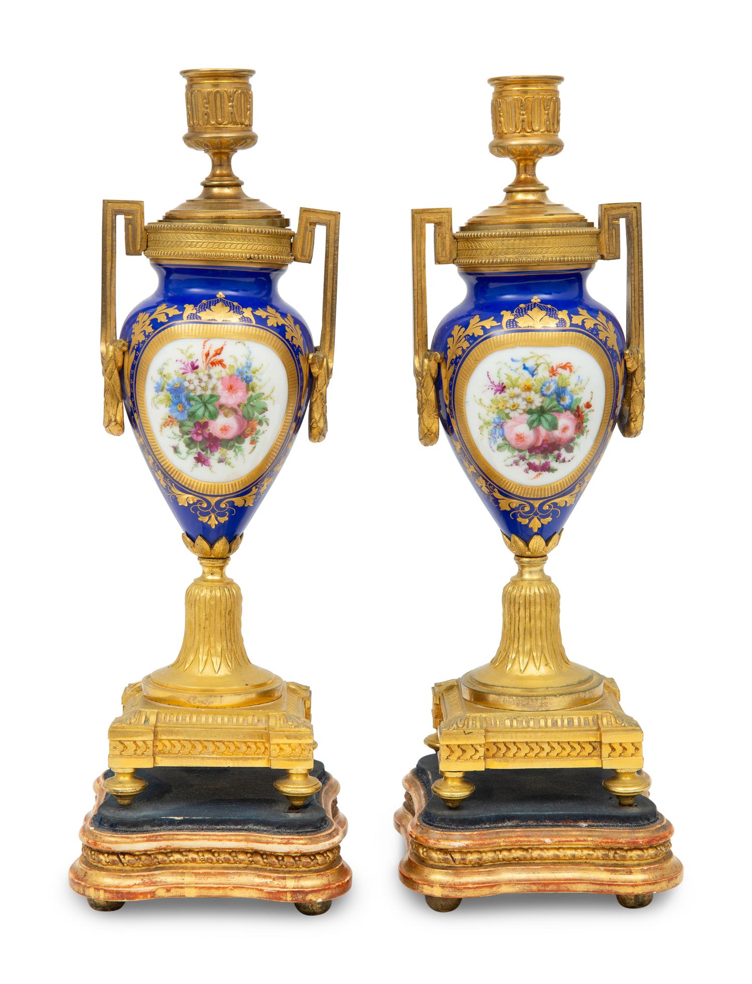 A Pair of Sèvres Style Porcelain and Gilt-Bronze Mounted Cassolettes