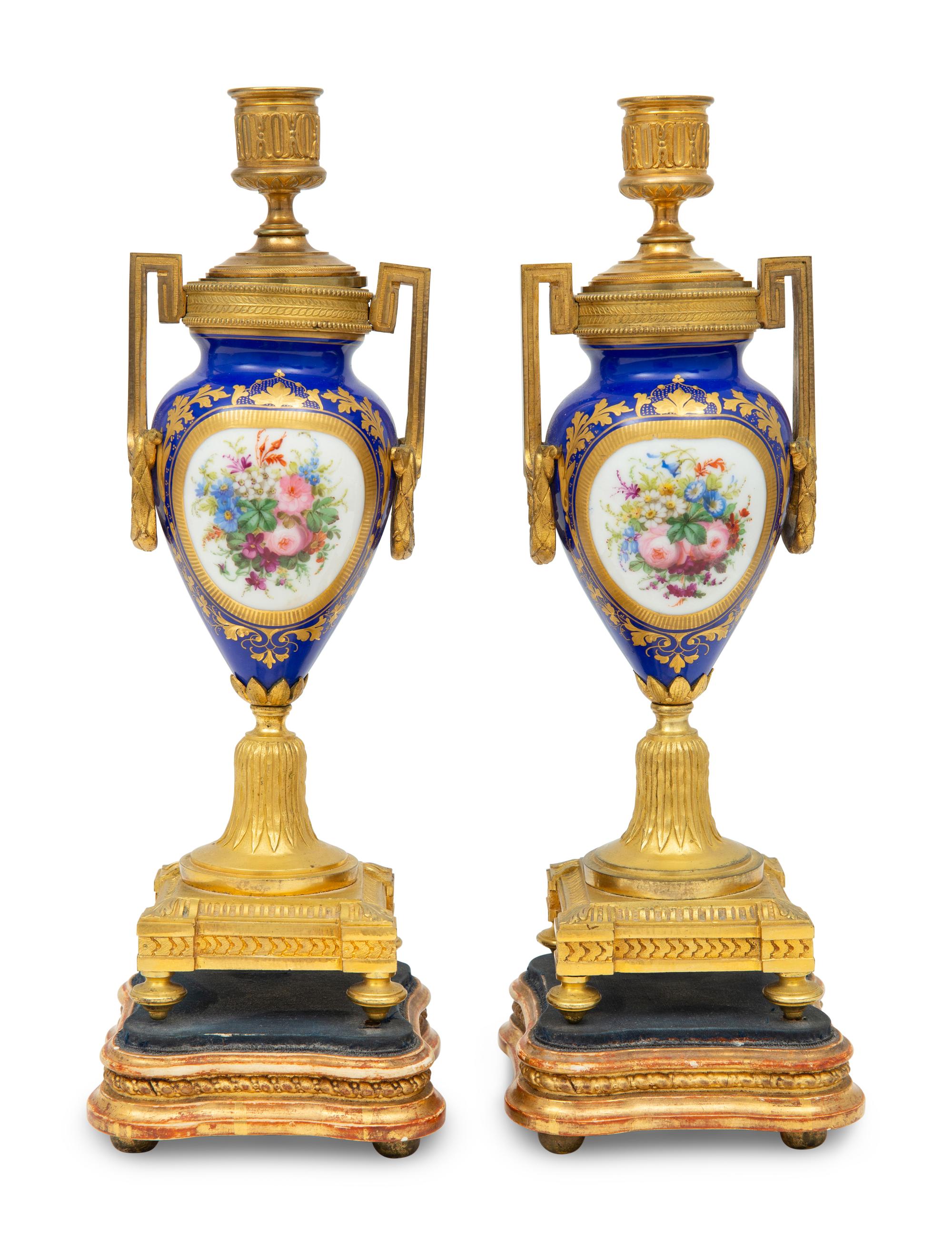 A Pair of Sèvres Style Porcelain and Gilt-Bronze Mounted Cassolettes