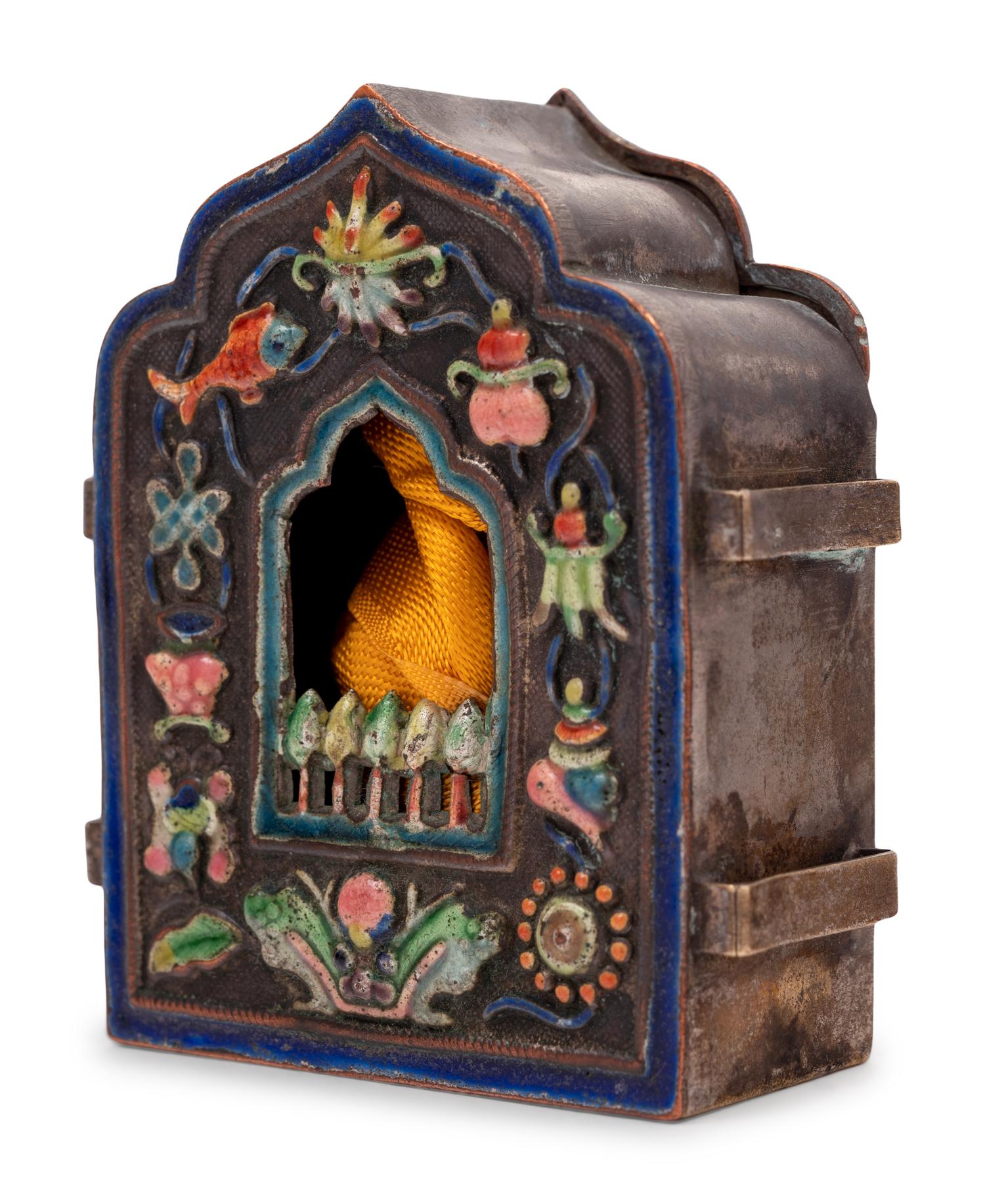A Small Chinese Enamel on Metal Shrine and A Pair of Chinese Miniature Metal Vases