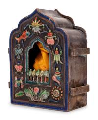 A Small Chinese Enamel on Metal Shrine and A Pair of Chinese Miniature Metal Vases