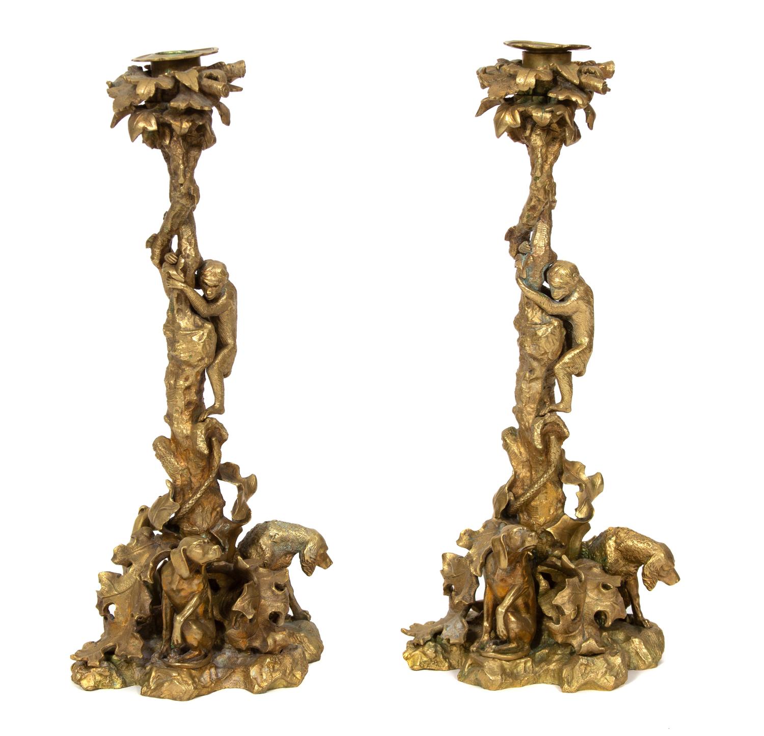 A Pair of Regency Gilt Bronze Candlesticks Height 14 inches. — 19TH CENTURY