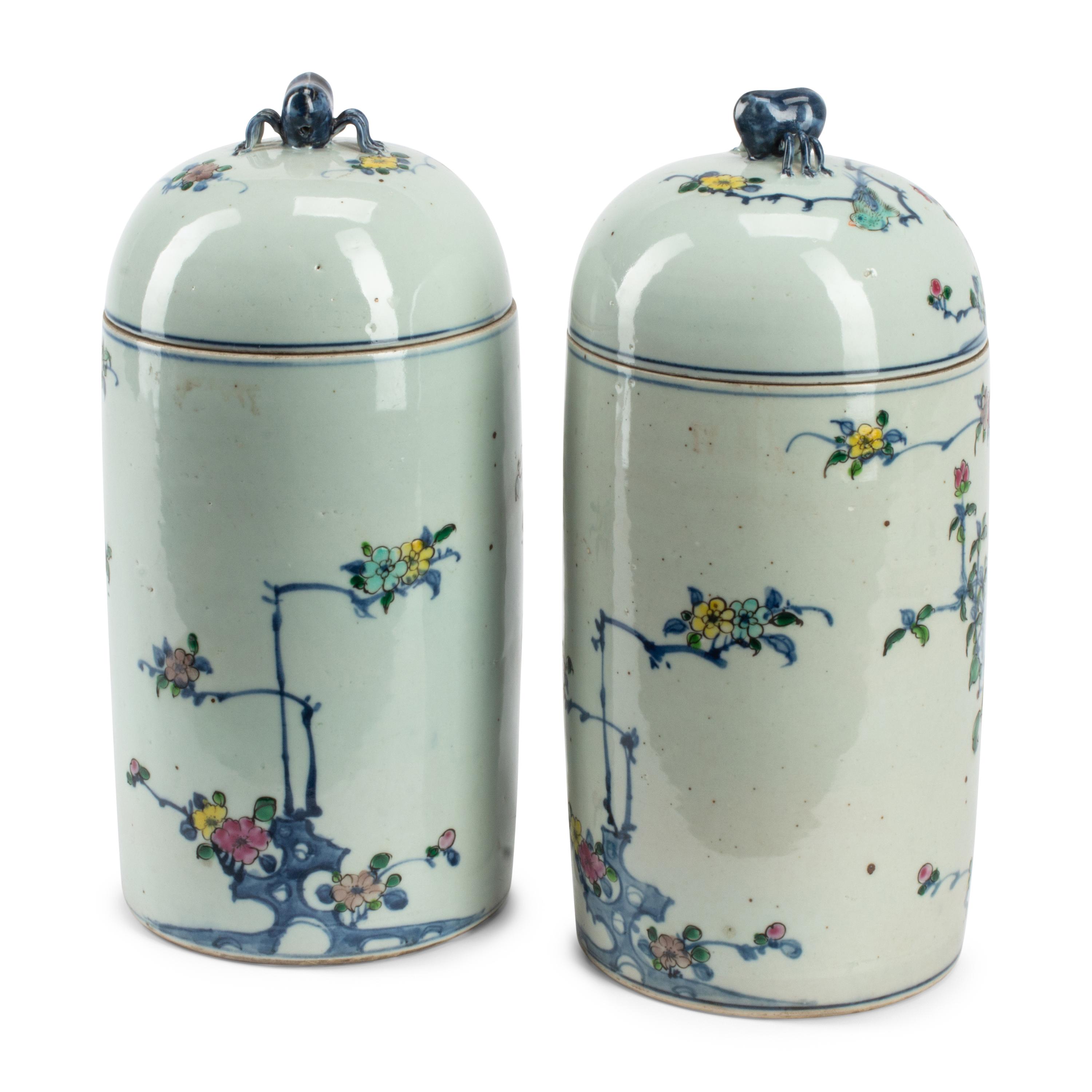 A Pair of Chinese Porcelain Cylindrical Lidded Jars