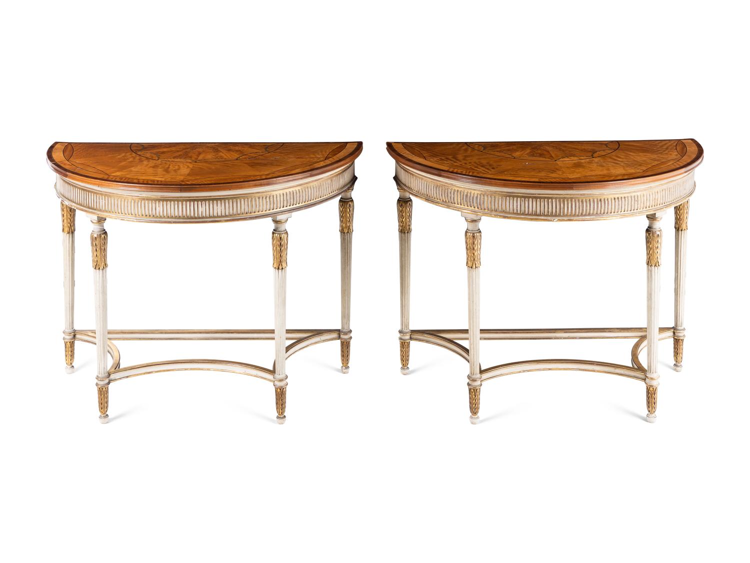 A Pair of George III Style Painted and Parcel Gilt Satinwood and Marquetry Demilune Console Tables