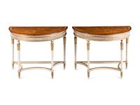 A Pair of George III Style Painted and Parcel Gilt Satinwood and Marquetry Demilune Console Tables