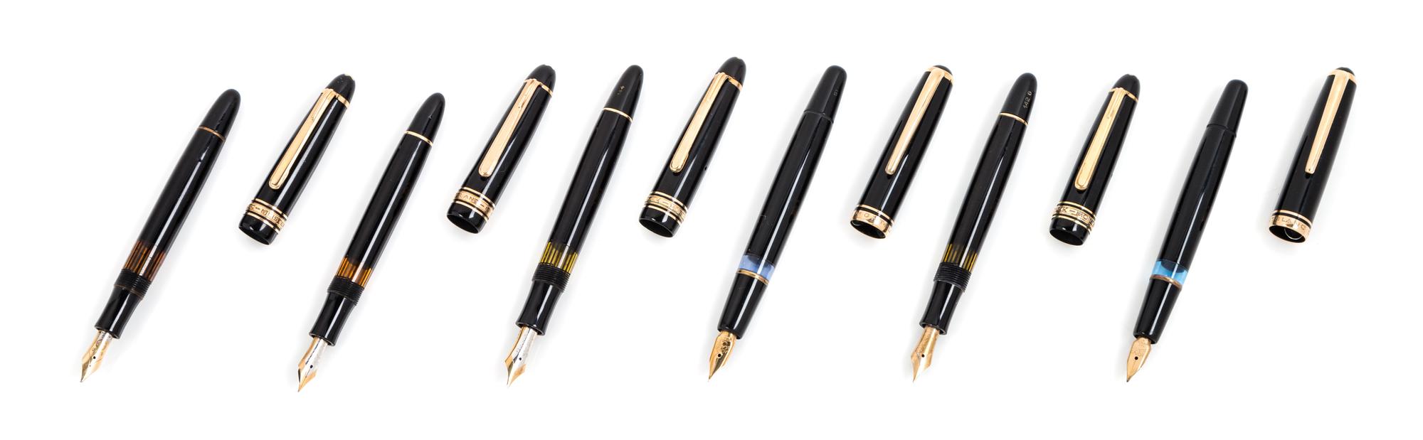 A Group of Six Montblanc Meisterstuck Fountain Pens Length of longest 5 1/8 inches.