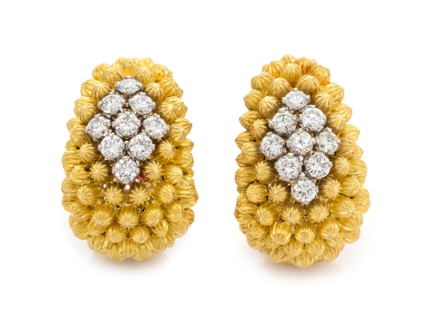 A Pair of 18 Karat Yellow Gold and Diamond Earclips, Italian, 13.90 dwts.
