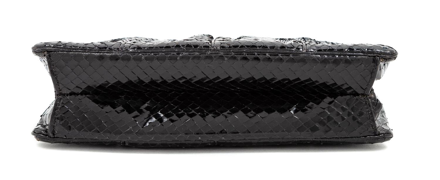 Judith Leiber Black Snakeskin Clutch 6.75" H x 8.5" W x 2" D; Strap drop: 20"