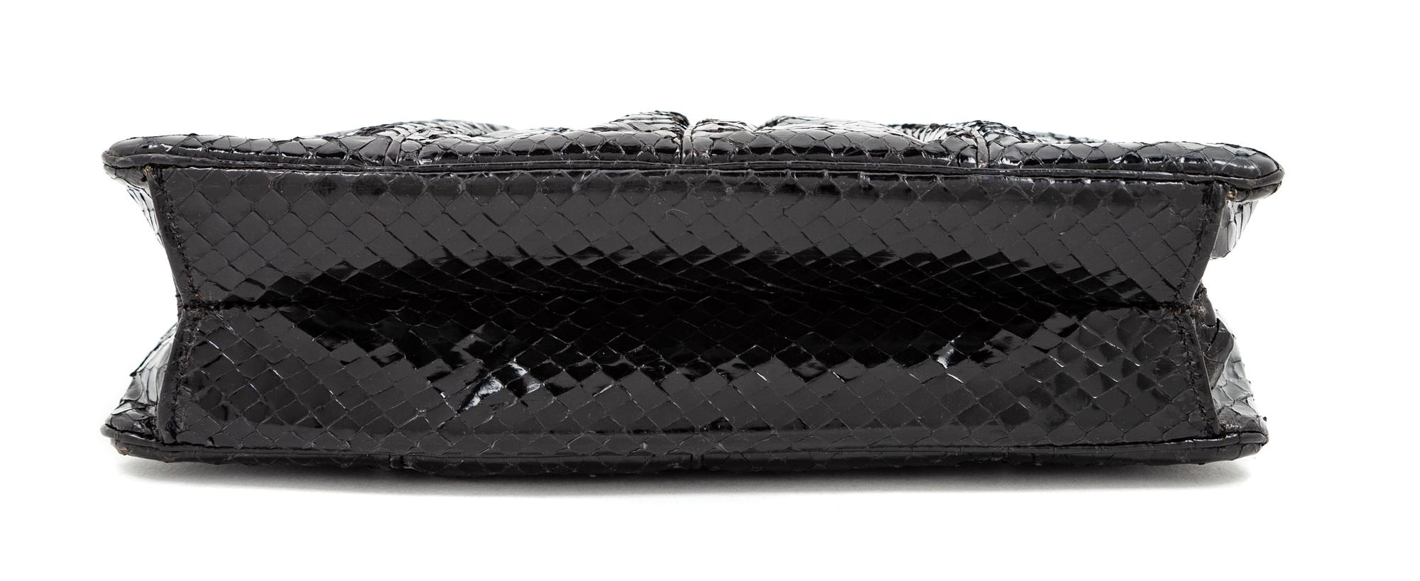 Judith Leiber Black Snakeskin Clutch 6.75" H x 8.5" W x 2" D; Strap drop: 20"