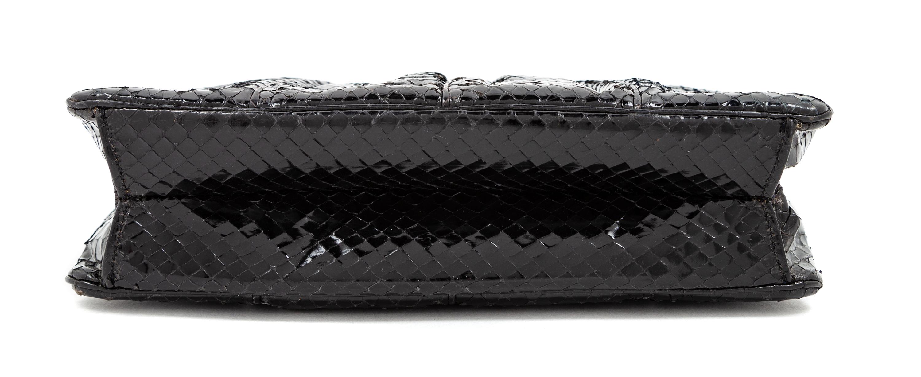 Judith Leiber Black Snakeskin Clutch 6.75" H x 8.5" W x 2" D; Strap drop: 20"