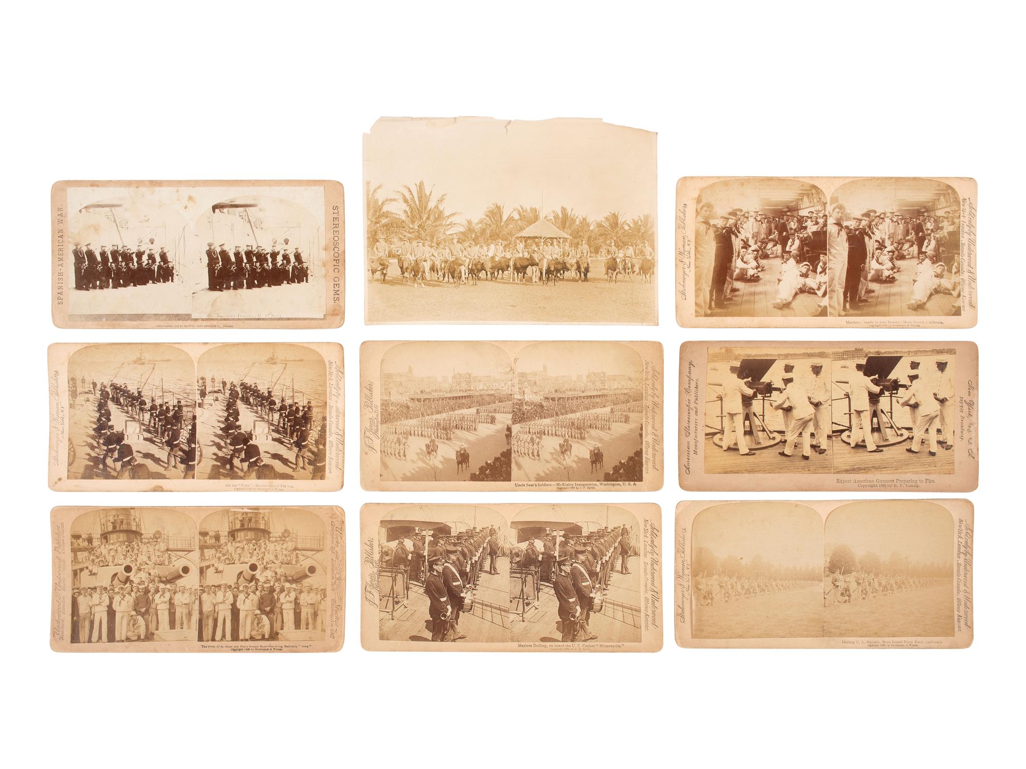 [SPANISH AMERICAN WAR]. 45-star Spanish American War-era flag identified to George W. Potter, Company K, 2nd Massachusetts Infantry, with related stereoviews, bookends, and other imprints.