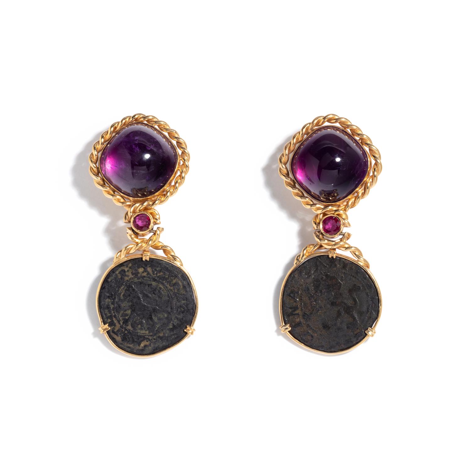 YELLOW GOLD, AMETHYST, RUBY AND COIN EARCLIPS