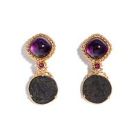 YELLOW GOLD, AMETHYST, RUBY AND COIN EARCLIPS