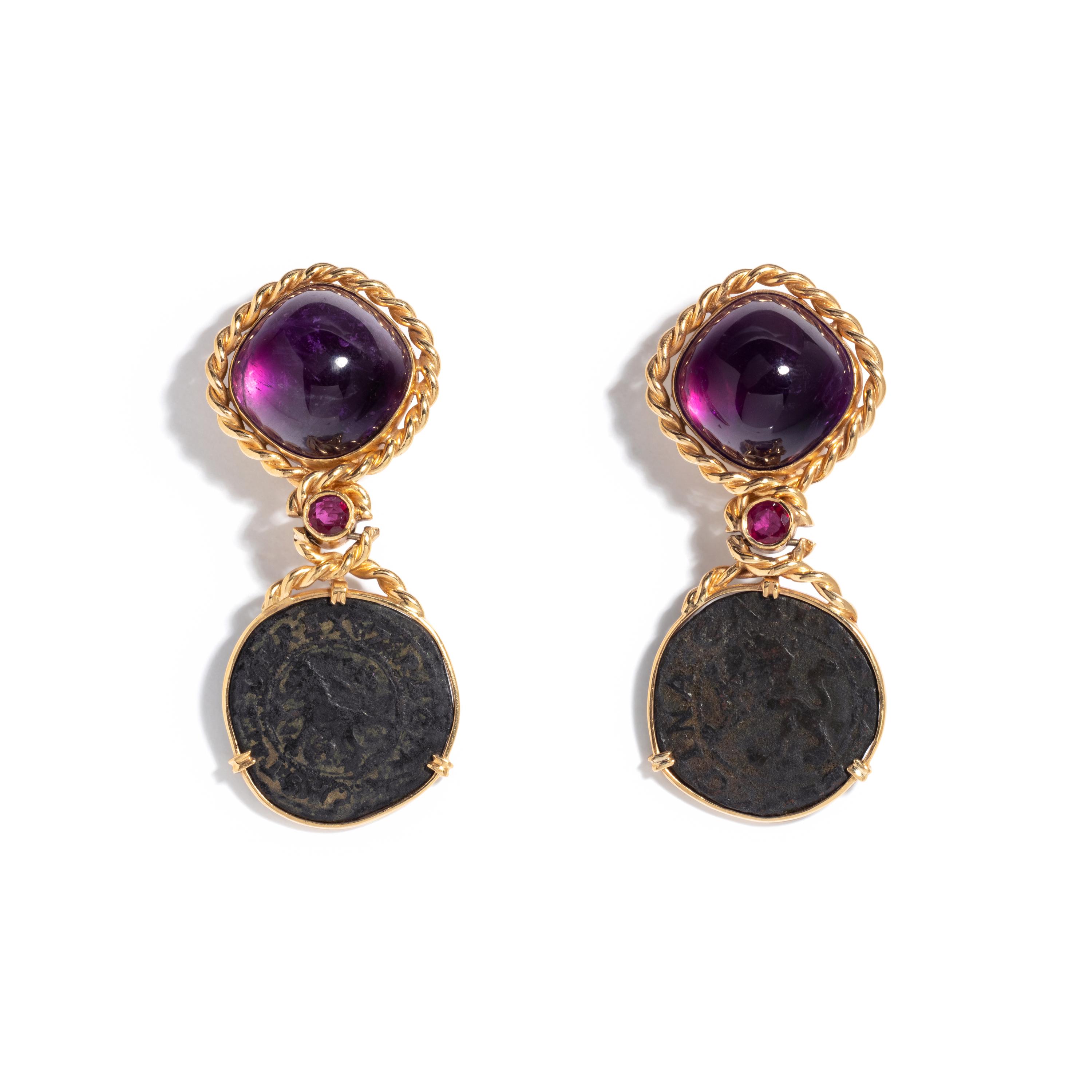 YELLOW GOLD, AMETHYST, RUBY AND COIN EARCLIPS