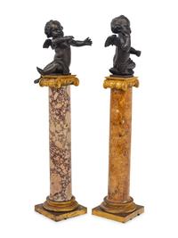 A Near Pair of French Bronze Putti on Gilt Bronze Mounted Marble Columns
