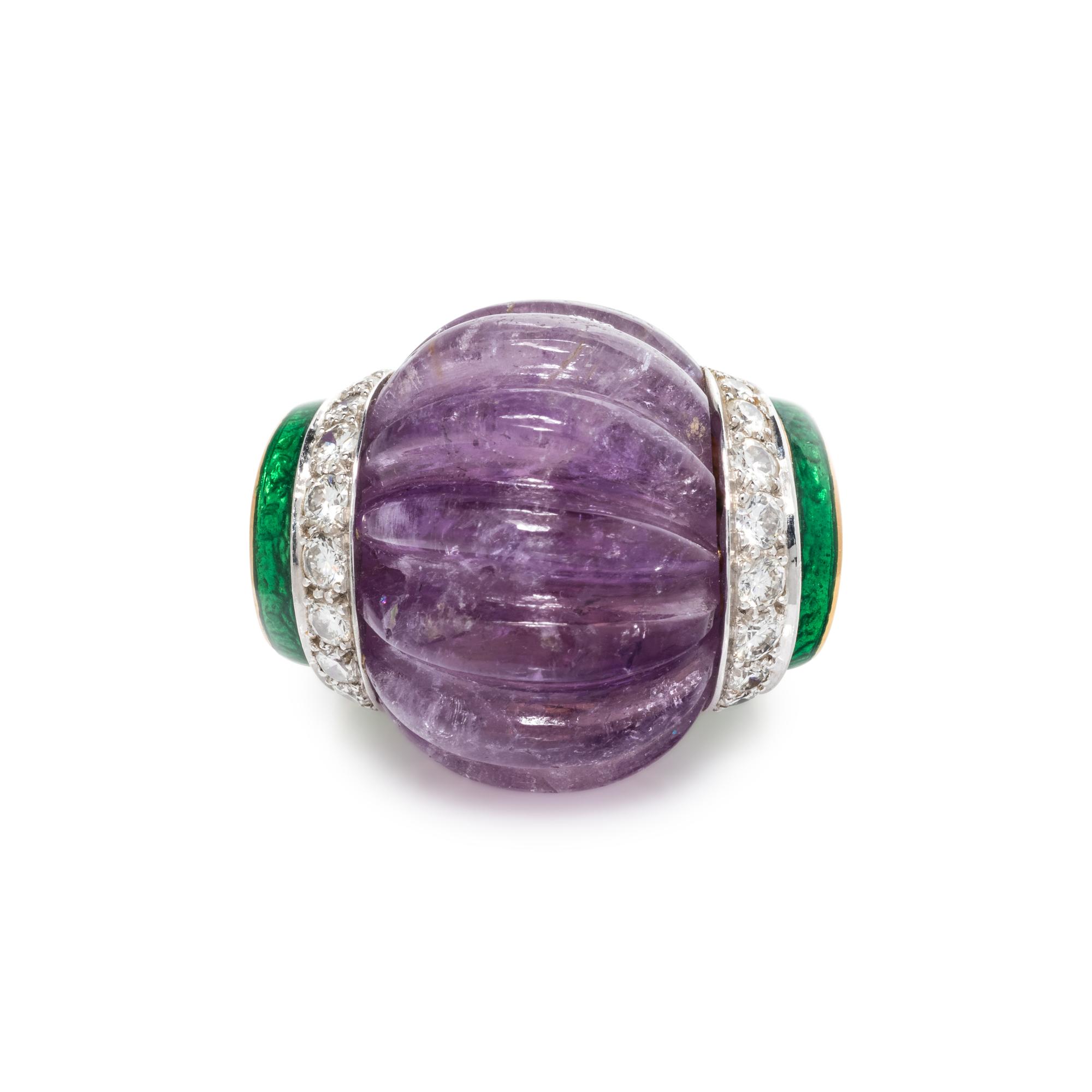 DAVID WEBB, AMETHYST, DIAMOND AND ENAMEL RING