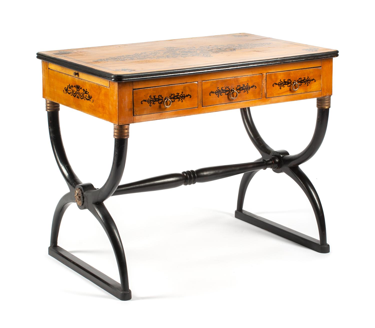 A Charles X Style Parcel Ebonized Trestle Table Height 30 x width 37 x depth 23 1/4 inches.