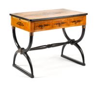 A Charles X Style Parcel Ebonized Trestle Table Height 30 x width 37 x depth 23 1/4 inches.