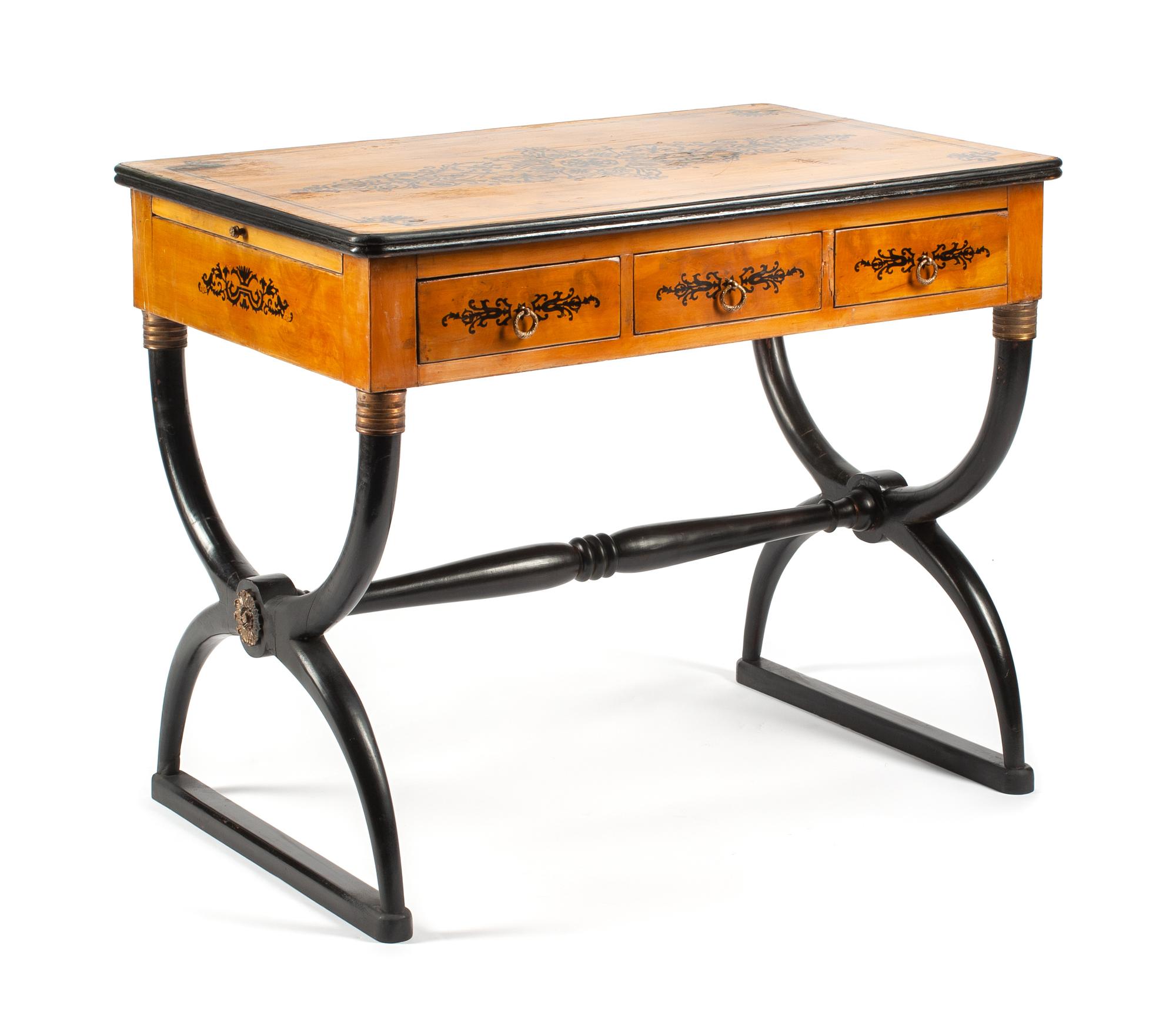 A Charles X Style Parcel Ebonized Trestle Table Height 30 x width 37 x depth 23 1/4 inches.