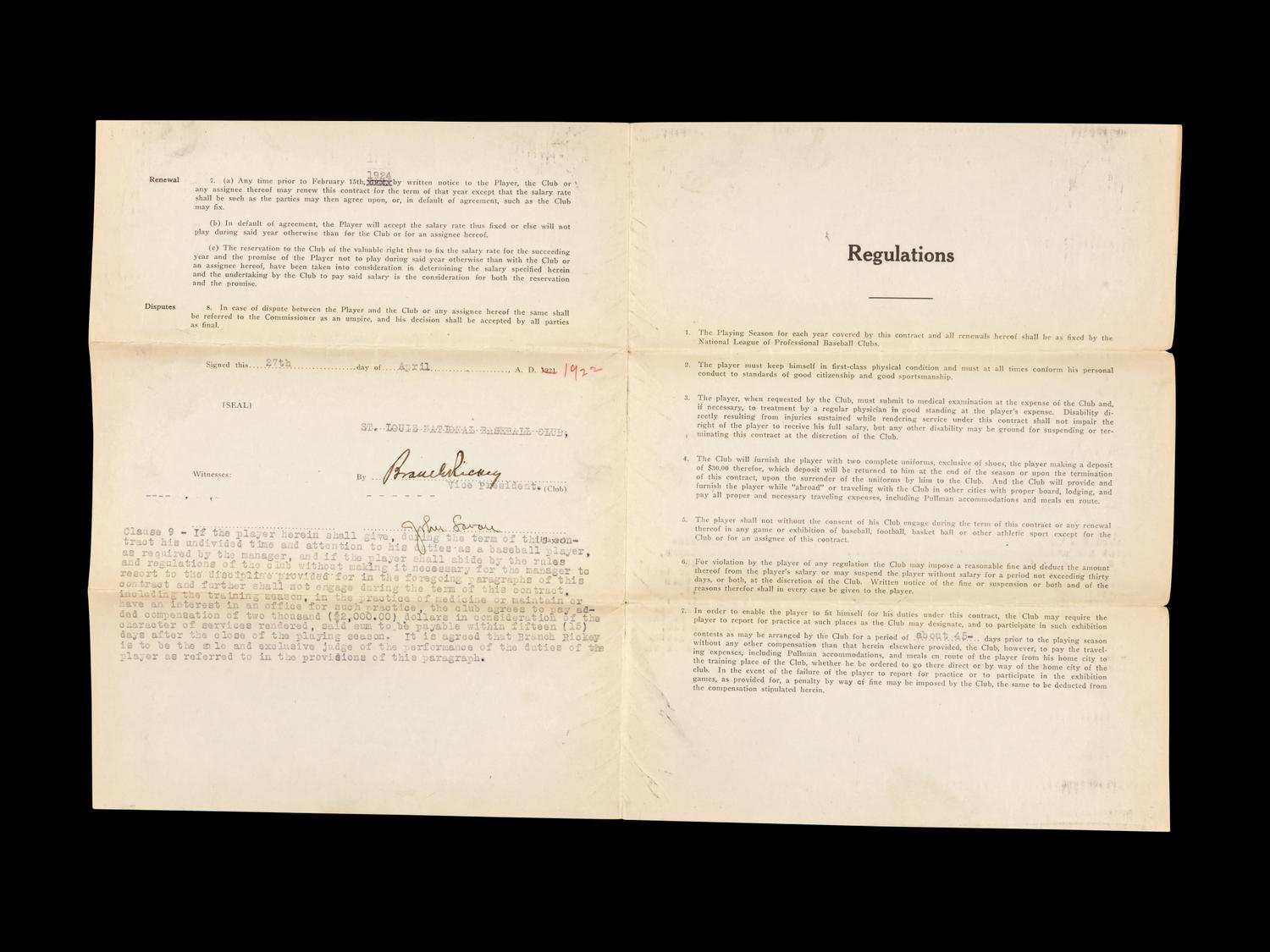 A Group of 15 1920s-30s St. Louis Cardinals Contract Agreements All Signed by Branch Rickey