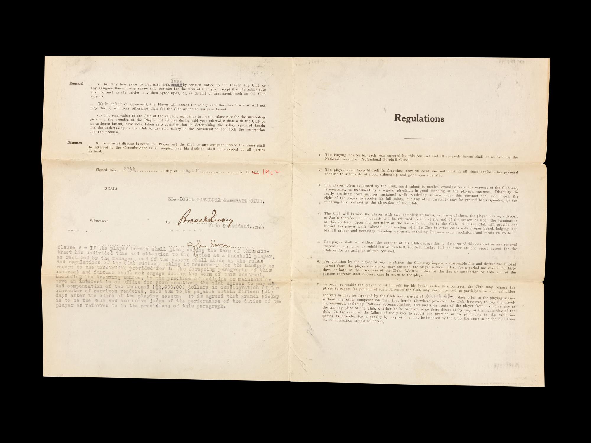 A Group of 15 1920s-30s St. Louis Cardinals Contract Agreements All Signed by Branch Rickey
