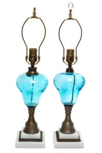 A Pair of American Etched Glass and Marble Table Lamps Height 22 1/2 inches. — 19TH CENTURY