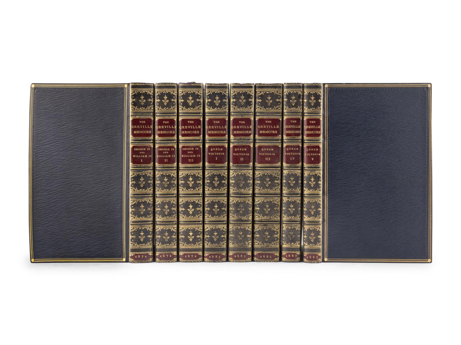 [BINDING]. GREVILLE, Charles Cavendish Fulke (1794-1865). [ The Greville Memoirs ]. A Journal of the Reigns of King George IV. And King William IV . 3 volumes. -- A Journal of the Reign of Queen Victoria from 1837 to 1852 . 3 volumes. -- A Journal of the Reign of Queen Victoria from 1852 to 1860 . 2 volumes. London: Longmans, Green, and Co., 1874, 1885, 1887.